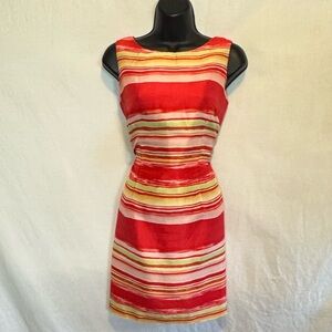 A-172 Jessica Howard 100% Silk Striped Red and Yellow‎ Sleeveless Dress Size 8P
